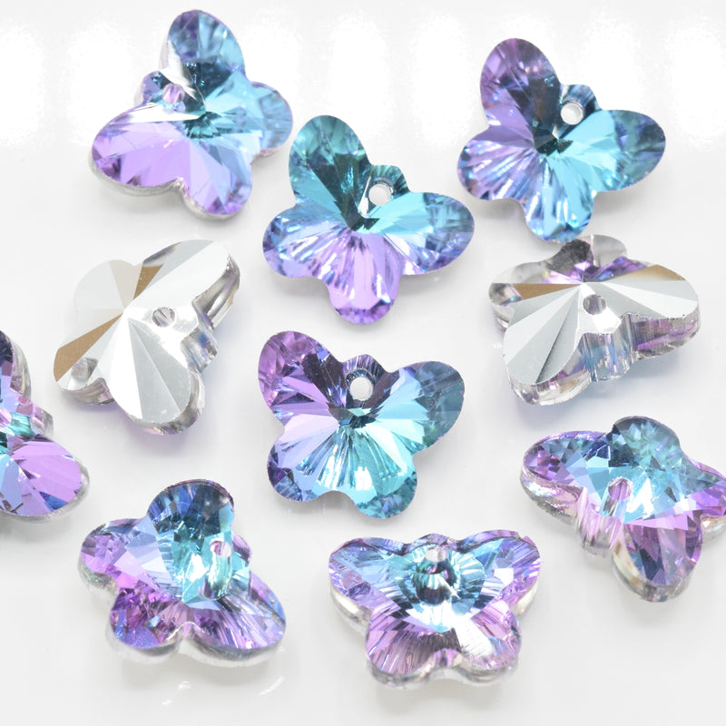 10 x Faceted Glass Butterfly Pendants Silver Plated 14mm - Lilac / Blue