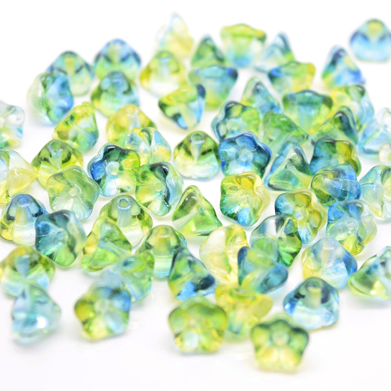 Czech Pressed Glass Bell Flower Beads 6x8mm (60pcs) - Green / Blue