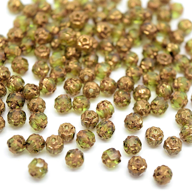 Czech Faceted Pressed Glass Cathedral Round Beads Pick Size - Olivine / Bronze