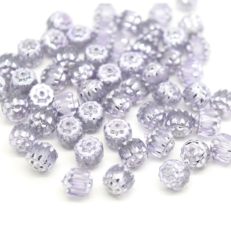 Czech Faceted Pressed Glass Cathedral Round Beads 6mm (60pcs) - Light Grey / Silver