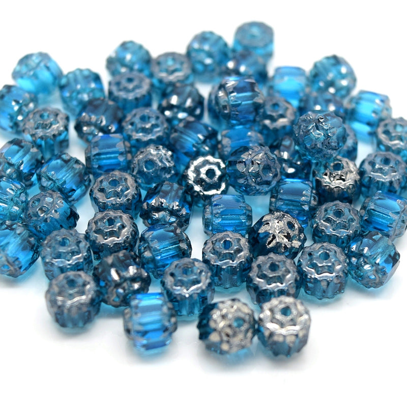 Czech Faceted Pressed Glass Cathedral Round Beads 6mm (60pcs) - Turquoise / Silver