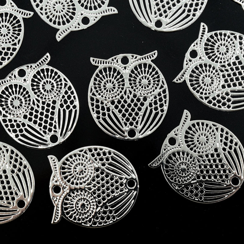 5 x Filigree Brass Owl Connectors 19x18mm - Silver Plated