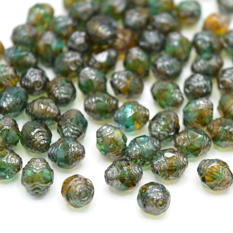 Czech Faceted Glass Bicone Bols Beads 8x6mm (30pcs) - Green / Topaz