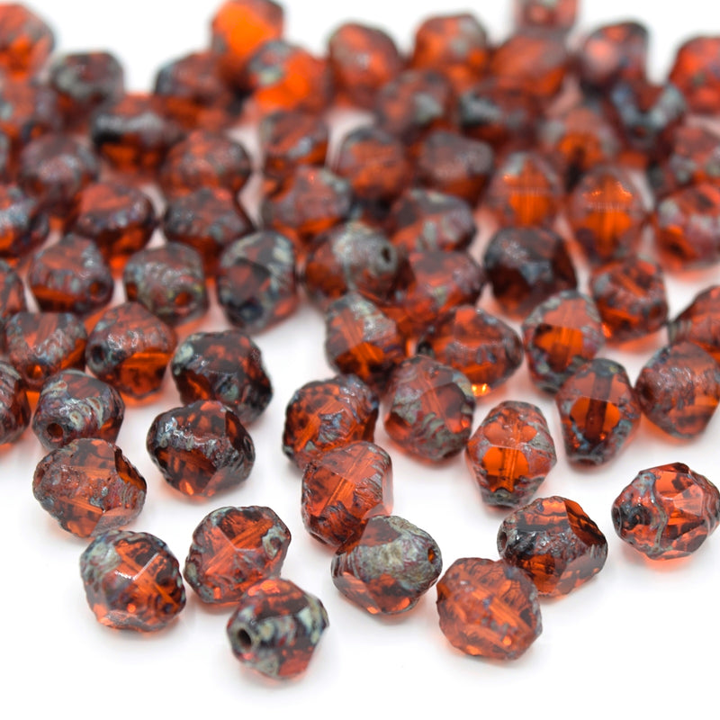 Czech Faceted Glass Bicone Bols Beads 8x6mm (30pcs) - Orange / Picasso