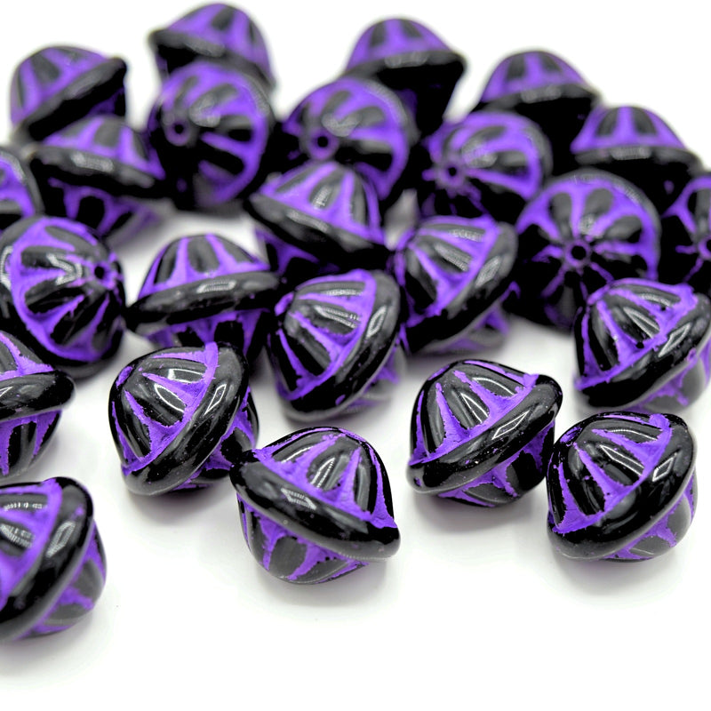 Czech Pressed Glass Bicone Beads 12x14mm (20pcs) - Black / Purple