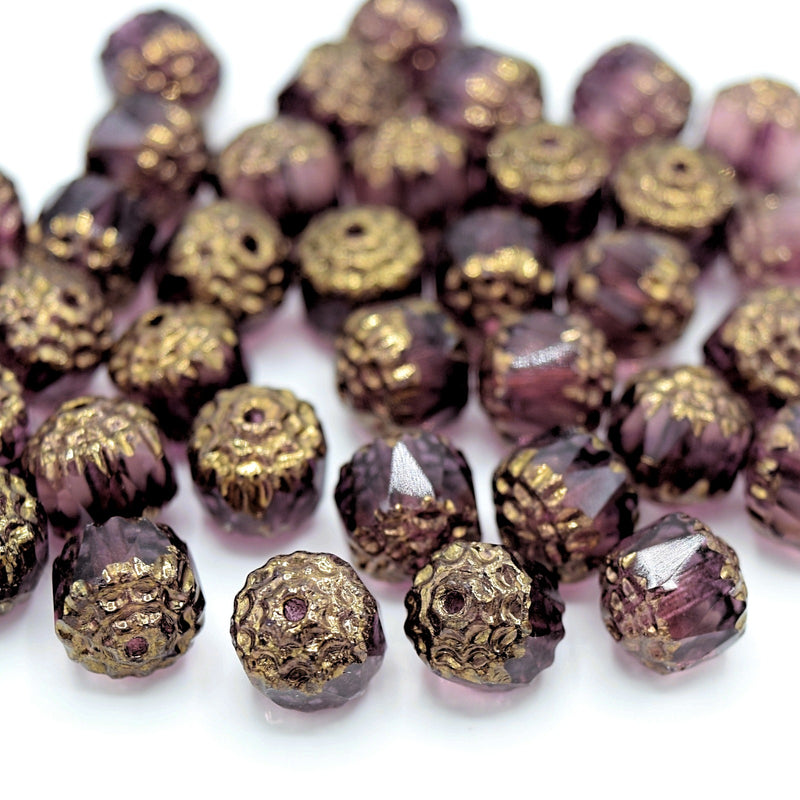 Czech Faceted Pressed Glass Cathedral Round Beads Pick Size - Amethyst / Gold
