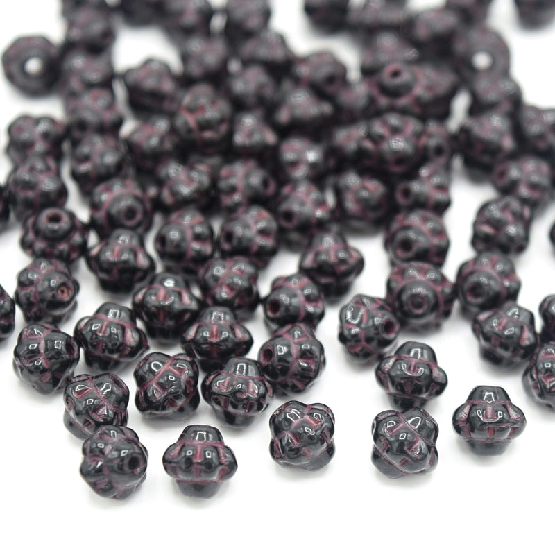 Czech Pressed Glass Daisy Bicone Spacer Beads 6mm (120pcs) - Black / Pink