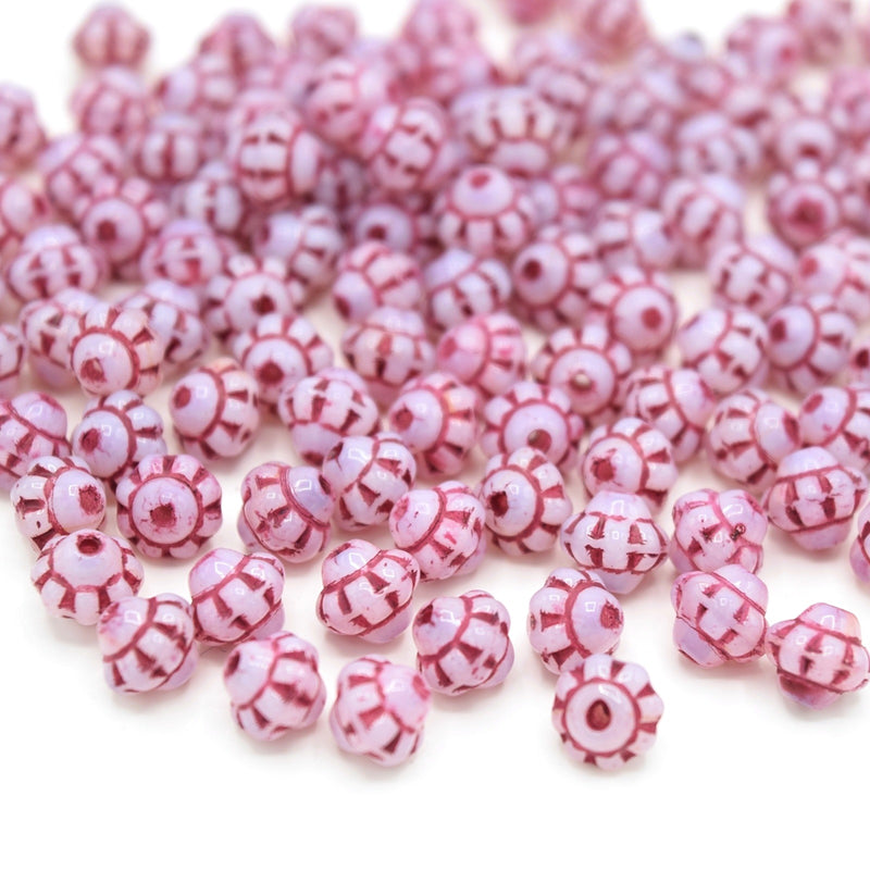 Czech Pressed Glass Daisy Bicone Spacer Beads 6mm (120pcs) - Light Pink / Red