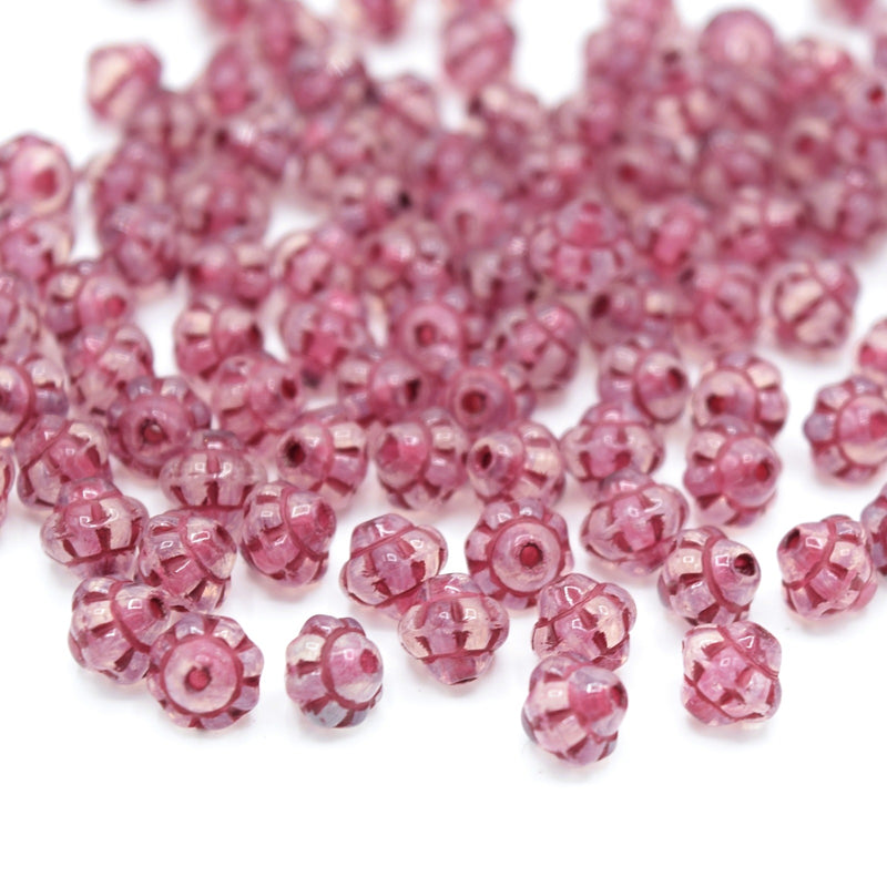 Czech Pressed Glass Daisy Bicone Spacer Beads 6mm (120pcs) - Pink / Red