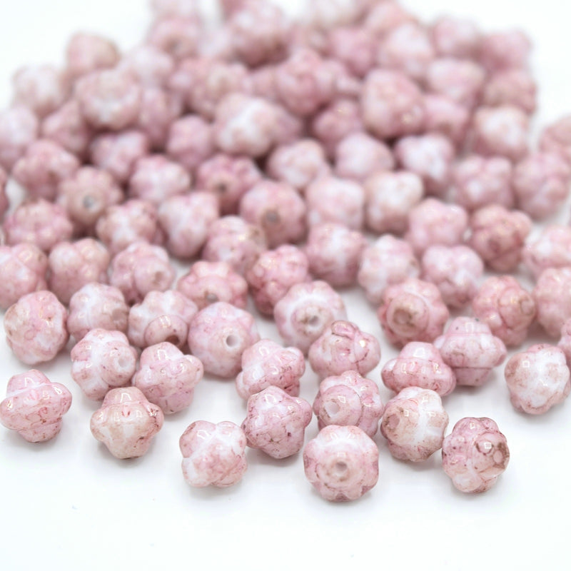 Czech Pressed Glass Daisy Bicone Spacer Beads 6mm (120pcs) - Pink Mottle