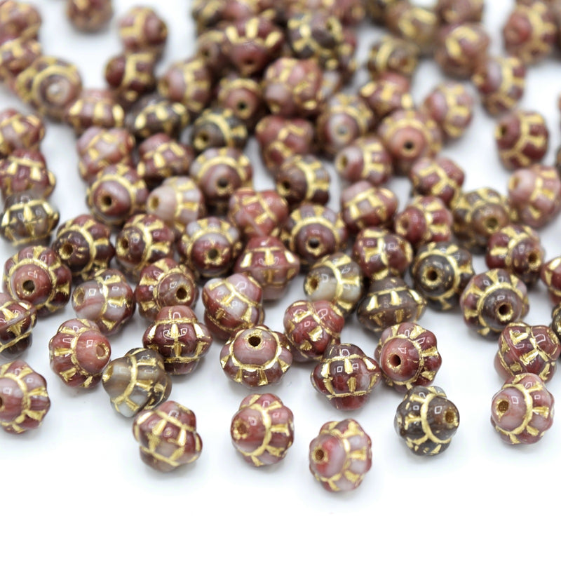 Czech Pressed Glass Daisy Bicone Spacer Beads 6mm (120pcs) - Red / Green / Gold