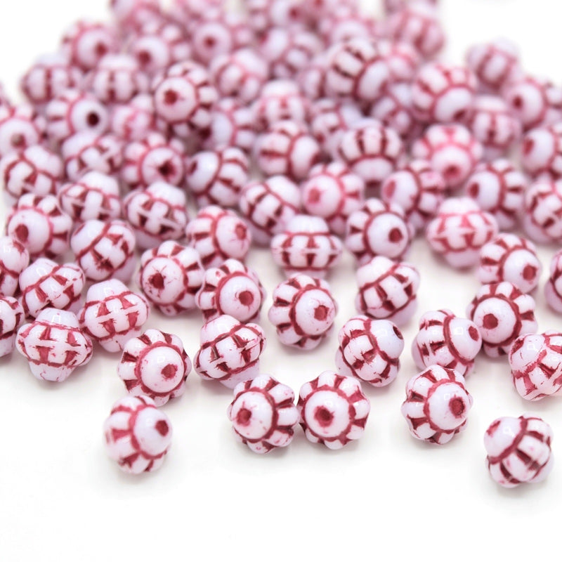 Czech Pressed Glass Daisy Bicone Spacer Beads 6mm (120pcs) - White / Red