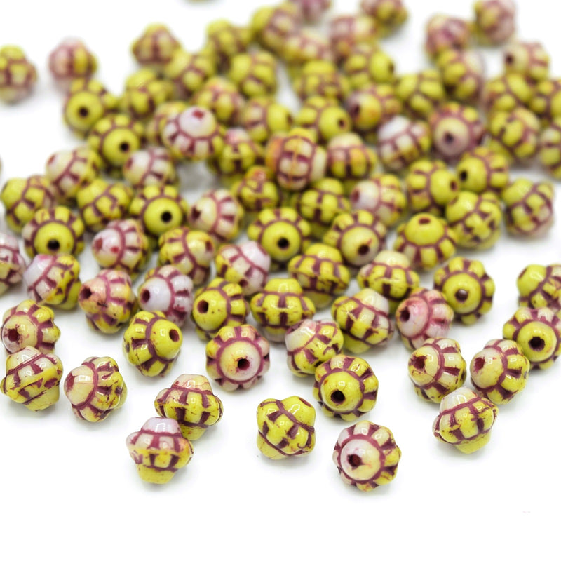 Czech Pressed Glass Daisy Bicone Spacer Beads 6mm (120pcs) - Yellow / Red