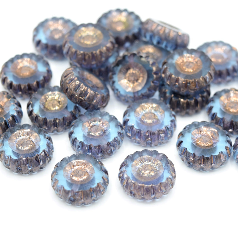 Czech Table Cut Glass Daisy Beads 12mm (10pcs) - Ice Blue / Bronze