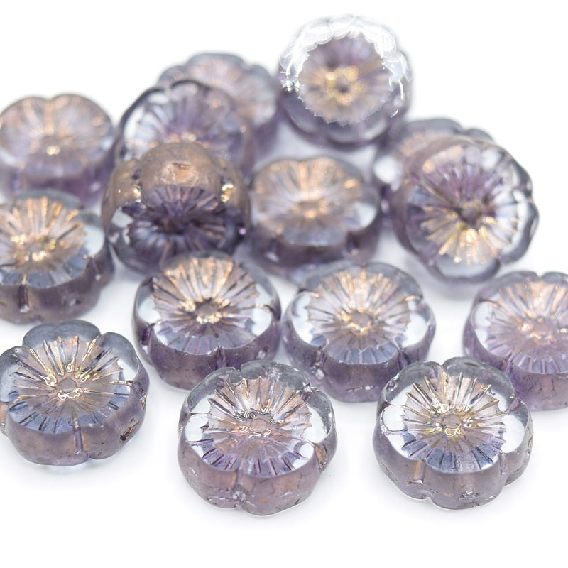 Czech Table Cut Glass Daisy Beads 14mm (10pcs) - Lilac / Bronze