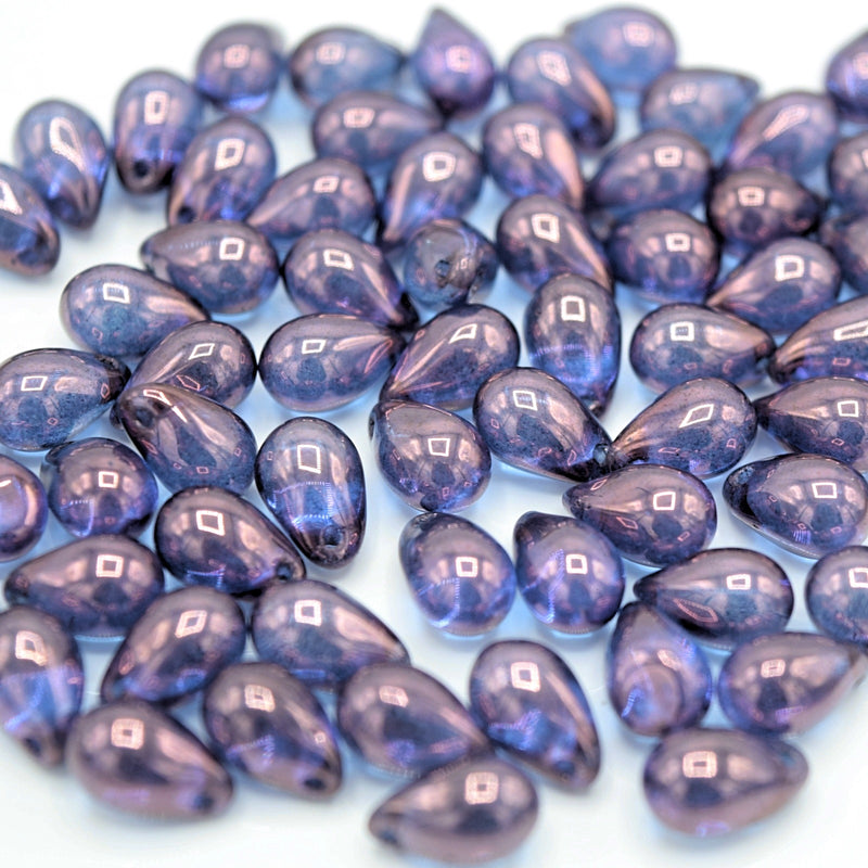 Czech Pressed Glass Drop Beads 4x6mm, 6x9mm, 7x5mm - Violet / Bronze