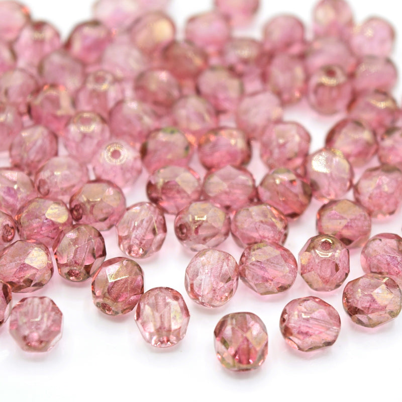 Czech Fire Polished Mix Faceted Glass Round Beads 6mm (60pcs) - Pink / Bronze