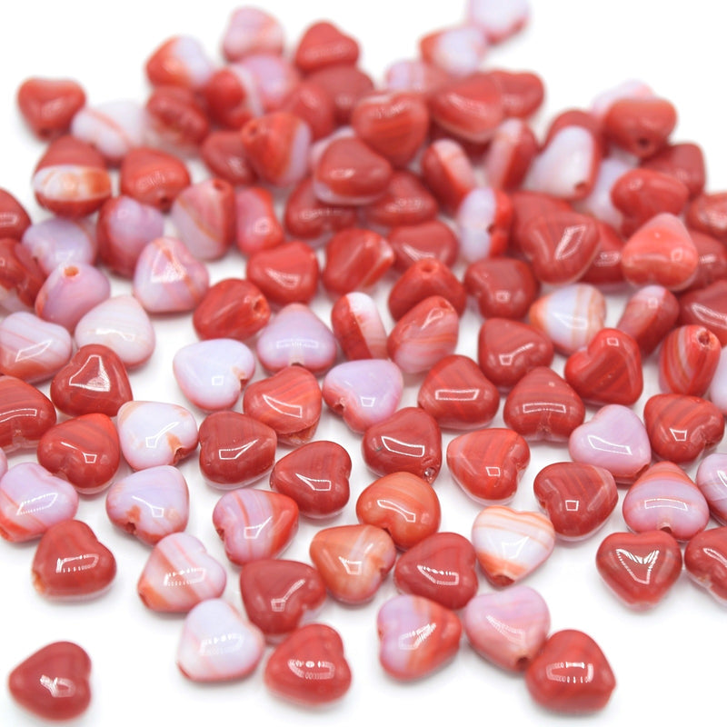 Czech Pressed Glass Heart Beads 6x6mm (60pcs) - Red / White