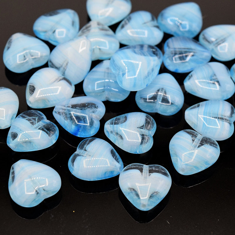 Czech Pressed Glass Heart Beads 12x11mm (20pcs) - Blue / White