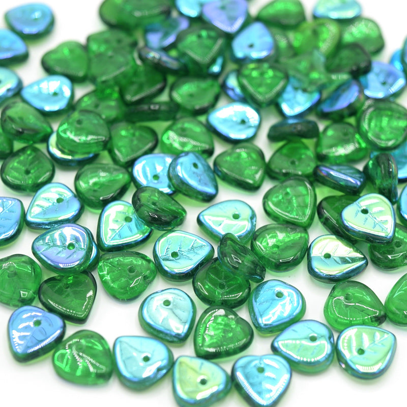 Czech Pressed Glass Leaf Beads 9mm (50pcs) - Green / Metallic Blue