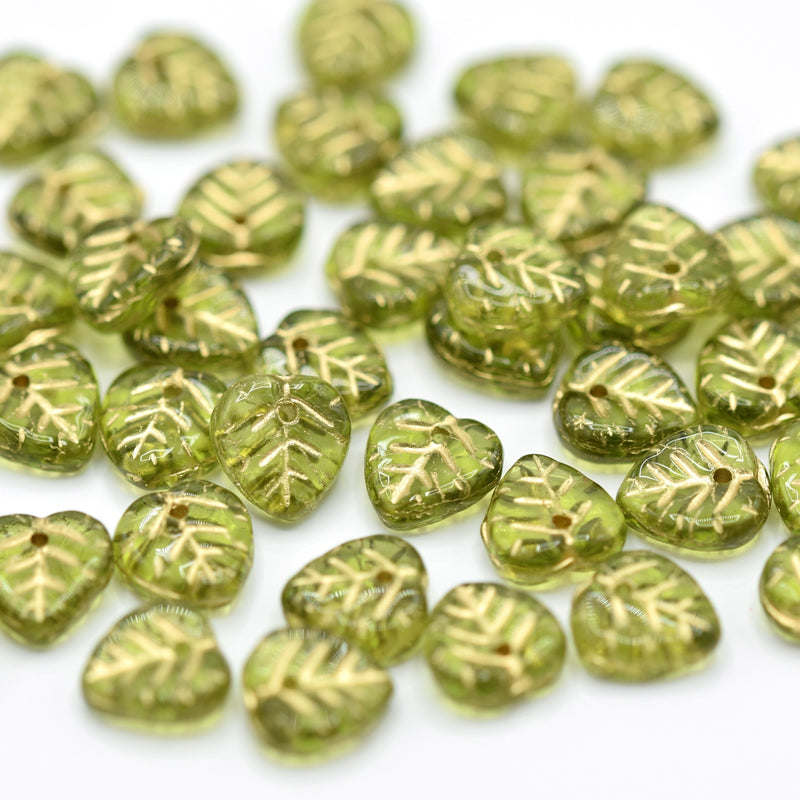 Czech Pressed Glass Leaf Beads 9mm (50pcs) - Olivine / Metallic Gold