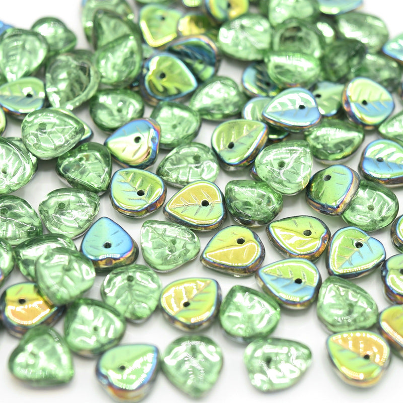 Czech Pressed Glass Leaf Beads 9mm (50pcs) - Peridot / Metallic Green