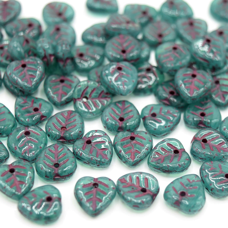 Czech Pressed Glass Leaf Beads 9mm (50pcs) - Turquoise / Pink
