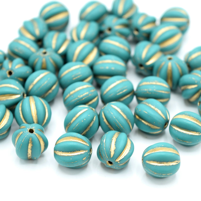 Czech Pressed Glass Melon Beads 10mm (20pcs) - Turquoise / Gold