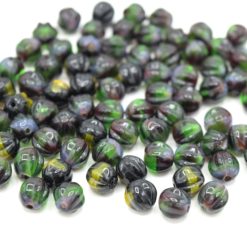 Czech Pressed Glass Melon Beads 6mm (120pcs) - Black / Green / Blue / Yellow