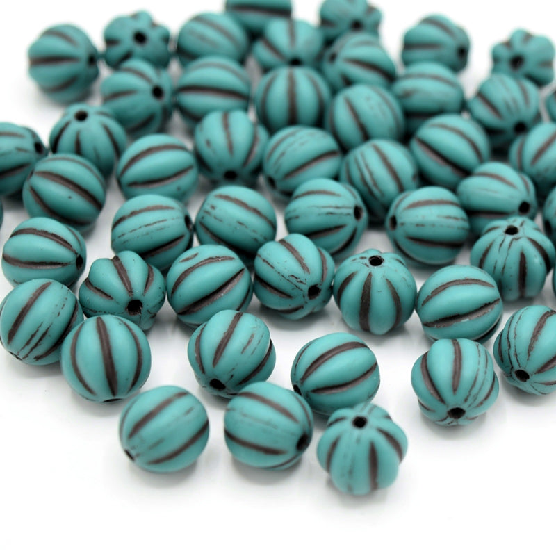 Czech Pressed Glass Melon Beads 8mm (30pcs) - Turquoise