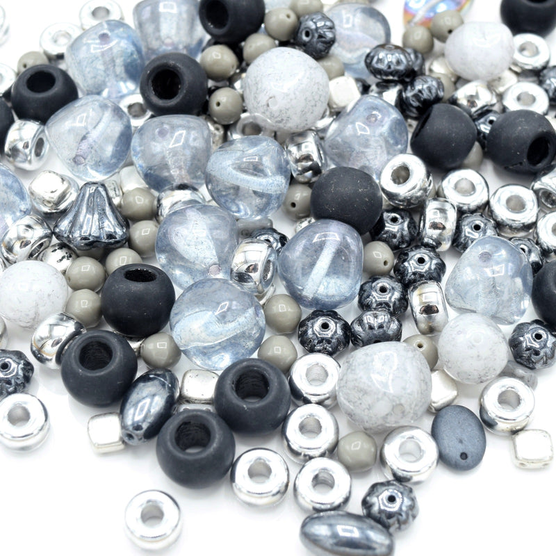 Czech Glass Mixed Beads 100g - Black / Grey