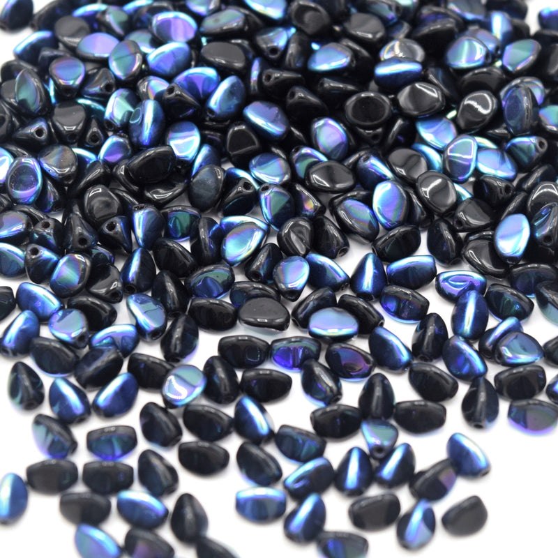 Czech Pressed Glass Pinch Beads 5x3mm (120pcs) - Black / Metallic Blue