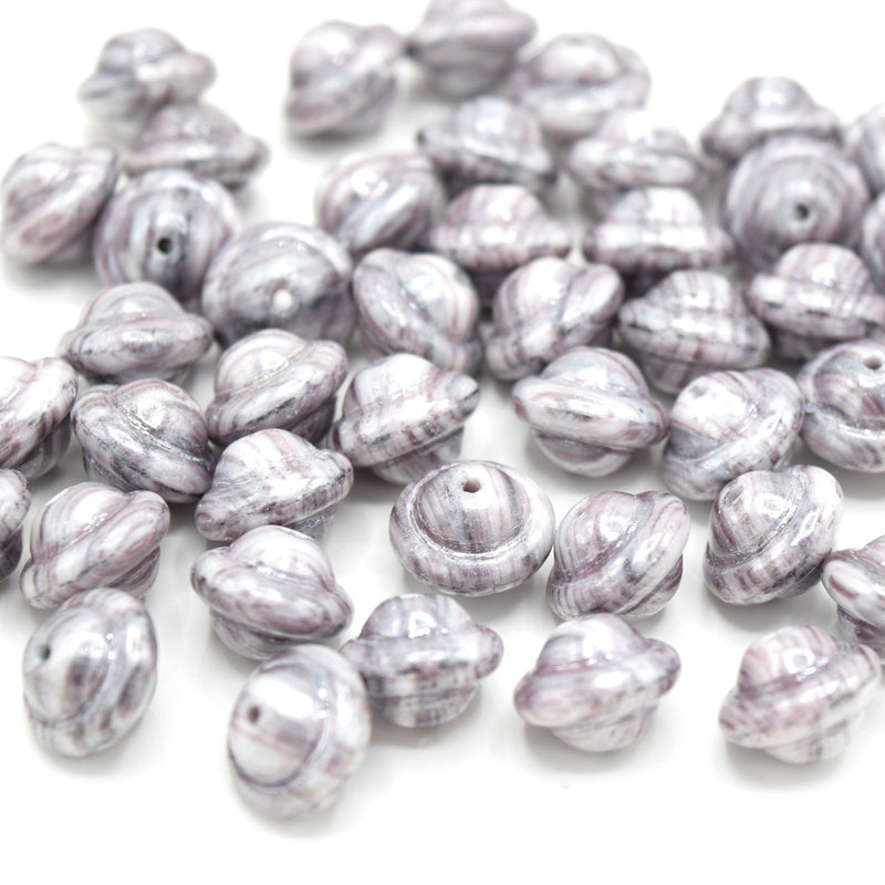 Czech Pressed Glass Saturn Bicone Beads 8x10mm (30pcs) - Purple Swirl