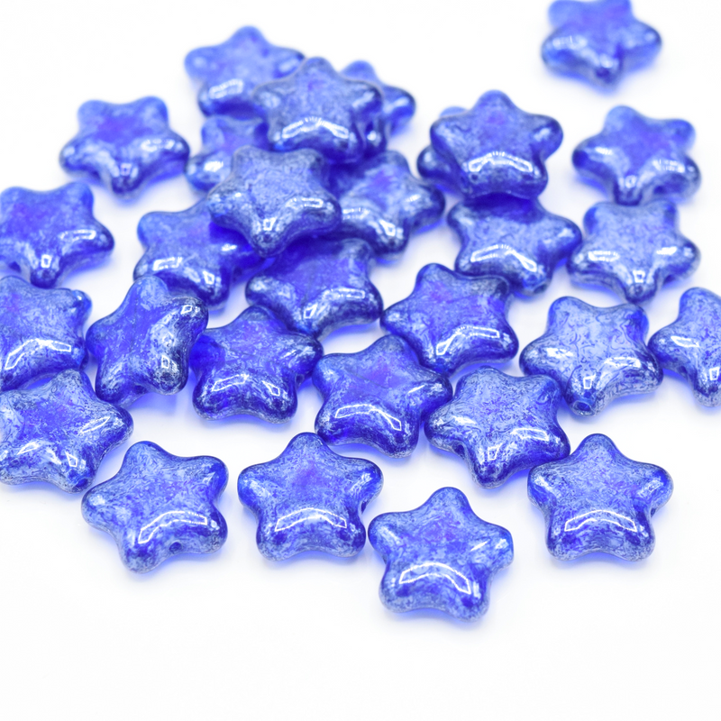 Czech Pressed Glass Star Beads 12mm (20pcs) - Blue / Silver Speckle