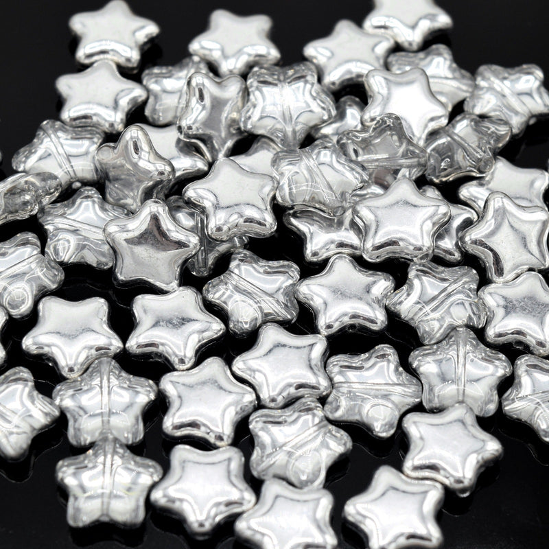 Czech Pressed Glass Star Beads 12mm (20pcs) - Clear / Metallic Silver