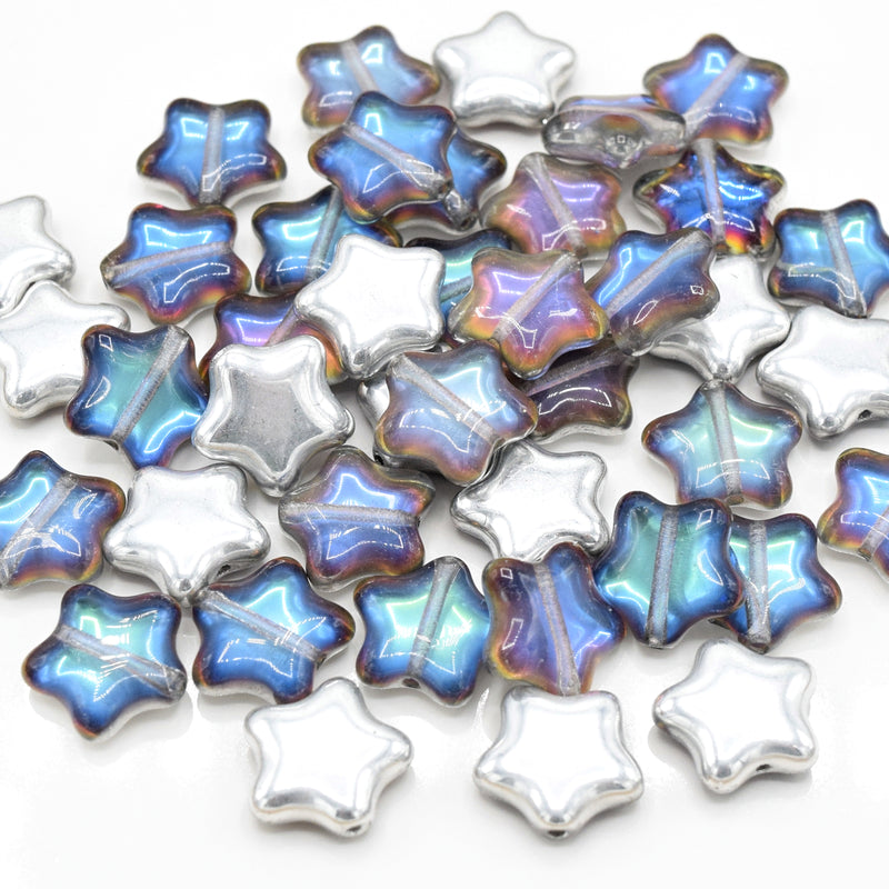 Czech Pressed Glass Star Beads 12mm (20pcs) - Metallic Silver / Multi