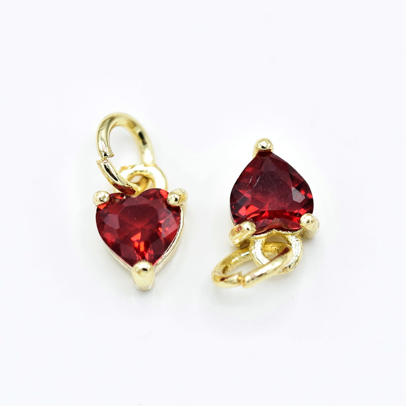 2 x Brass Micro Pave Red Cubic Zirconia Heart Charm 8.5x7x3.5mm - 18K Gold Plated