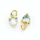 2 x Brass Micro Pave Aquamarine Cubic Zirconia Heart Charm 8.5x7x3.5mm - 18K Gold Plated