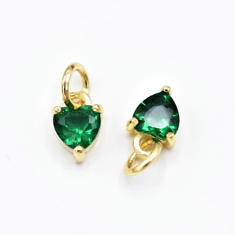 2 x Brass Micro Pave Emerald Cubic Zirconia Heart Charm 8.5x7x3.5mm - 18K Gold Plated