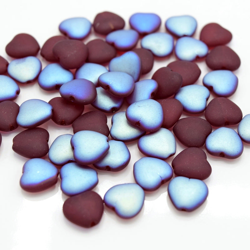 Czech Pressed Glass Heart Beads 10x10mm (30pcs) - Dark Red AB Frosted