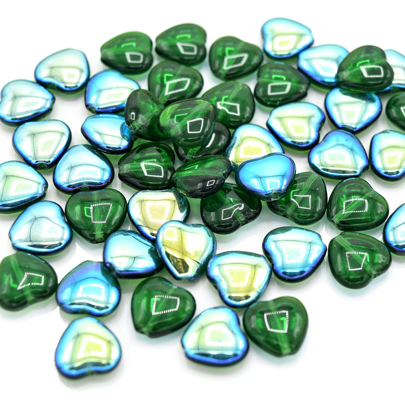 Czech Pressed Glass Heart Beads 10x10mm (30pcs) - Green AB