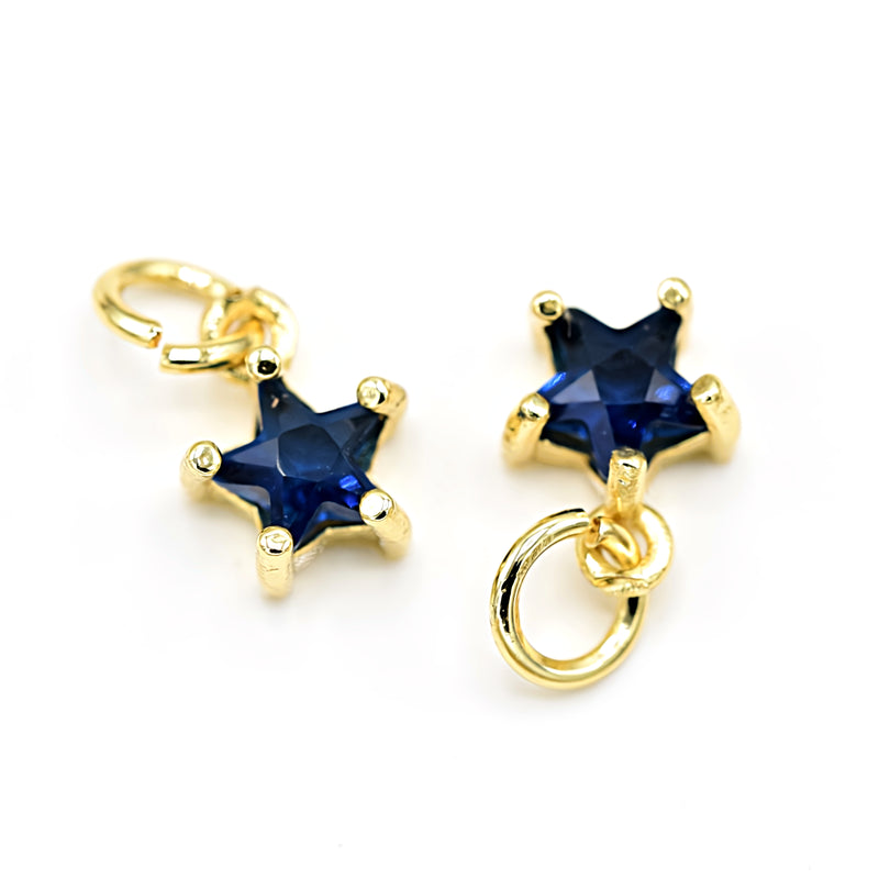 2 x Brass Micro Pave Sapphire Cubic Zirconia Star Charm 8.5x7x4mm - 18K Gold Plated