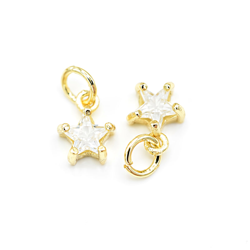 2 x Brass Micro Pave Clear Cubic Zirconia Star Charm 8.5x7x4mm - 18K Gold Plated