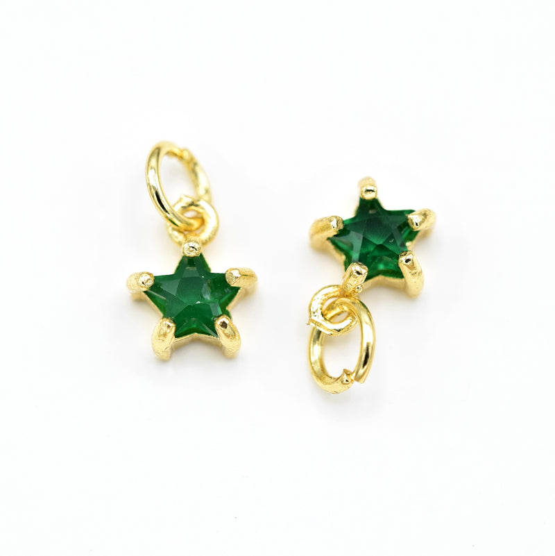 2 x Brass Micro Pave Emerald Cubic Zirconia Star Charm 8.5x7x4mm - 18K Gold Plated