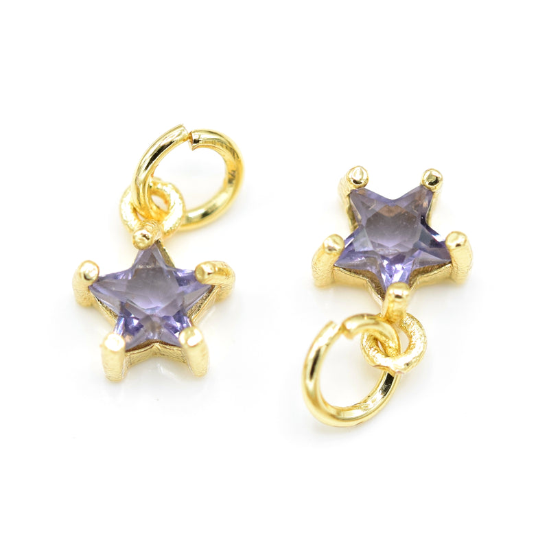 2 x Brass Micro Pave Lilac Cubic Zirconia Star Charm 8.5x7x4mm - 18K Gold Plated
