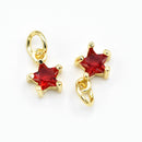 2 x Brass Micro Pave Red Cubic Zirconia Star Charm 8.5x7x4mm - 18K Gold Plated