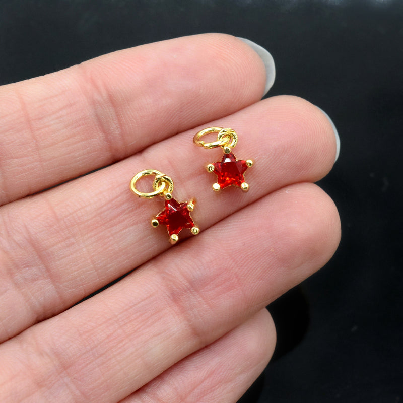 2 x Brass Micro Pave Red Cubic Zirconia Star Charm 8.5x7x4mm - 18K Gold Plated