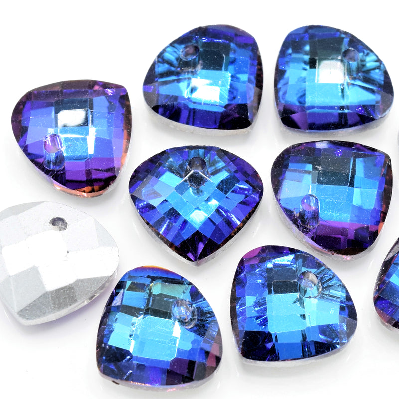 10 x Faceted Glass Diamond Pendants Silver Plated 14mm - Blue / Purple