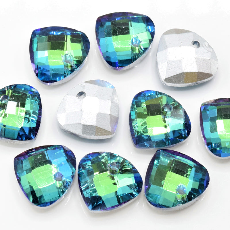 10 x Faceted Glass Diamond Pendants Silver Plated 14mm - Green / Blue