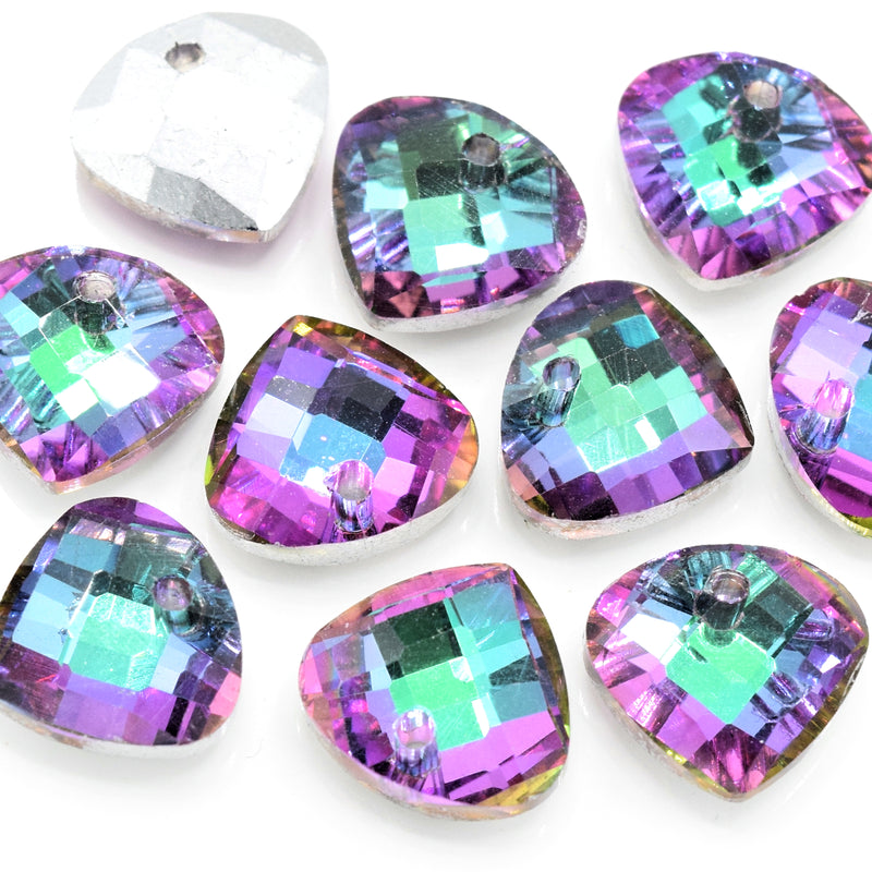 10 x Faceted Glass Diamond Pendants Silver Plated 14mm - Green / Purple